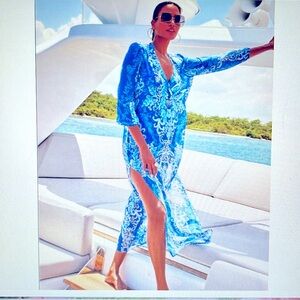 NWT Lilly Pulitzer Long Sleeve Keir Cover-Up Maxi Dress Size M Alba Blue